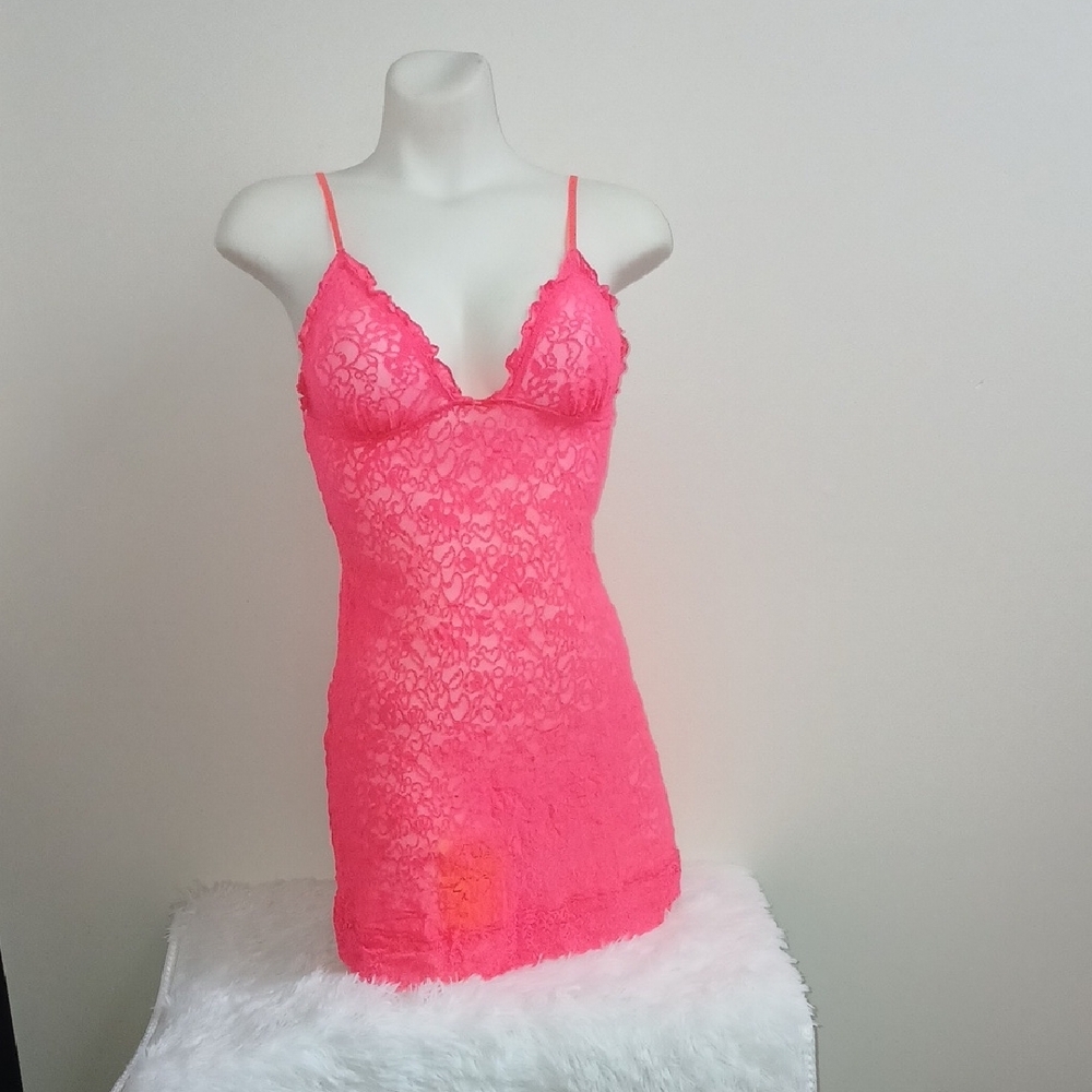 Victoria's Secret The Lacie Sexy Feminine Bright Pink Lace Short Nightie Slip